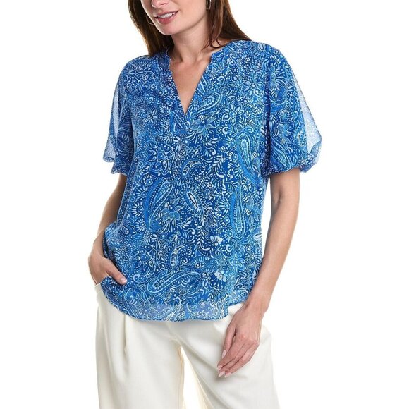 Vince Camuto PLUS Size XXL Blue Paisley Puff Sleeve Blouse Feminine Flowy - Picture 1 of 7